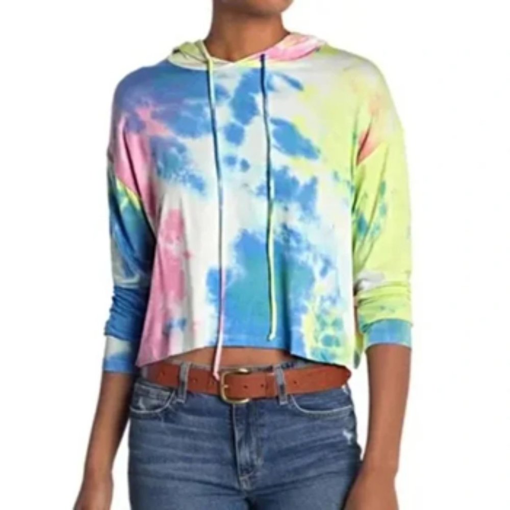 NWT Lush Women's Crop Long Sleeve Tie-Dye-Hoodie Tee Shirt - (Pink Blue, Large)